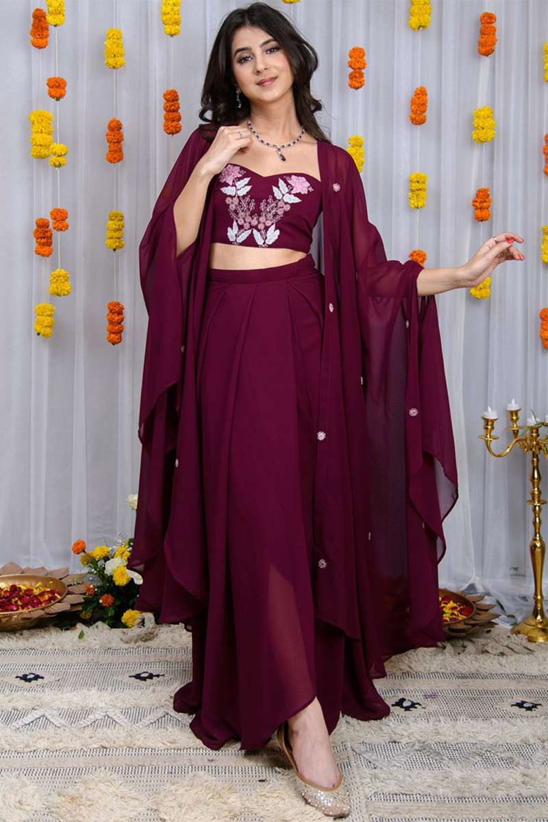 Georgette Burgundy Maroon Embroidered Dhoti Set with Zari Work for Weddings
