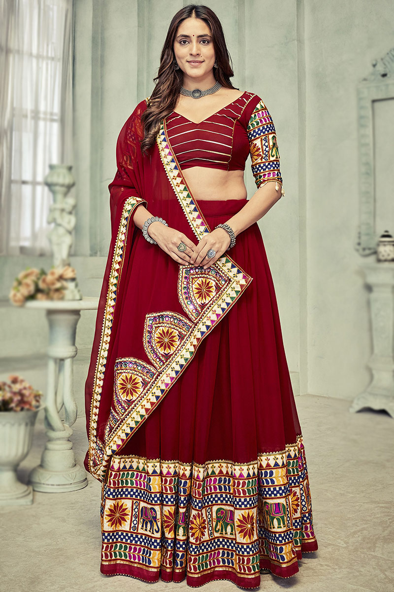 Georgette Cherry Red Embroidered Flared Style Chaniya Choli