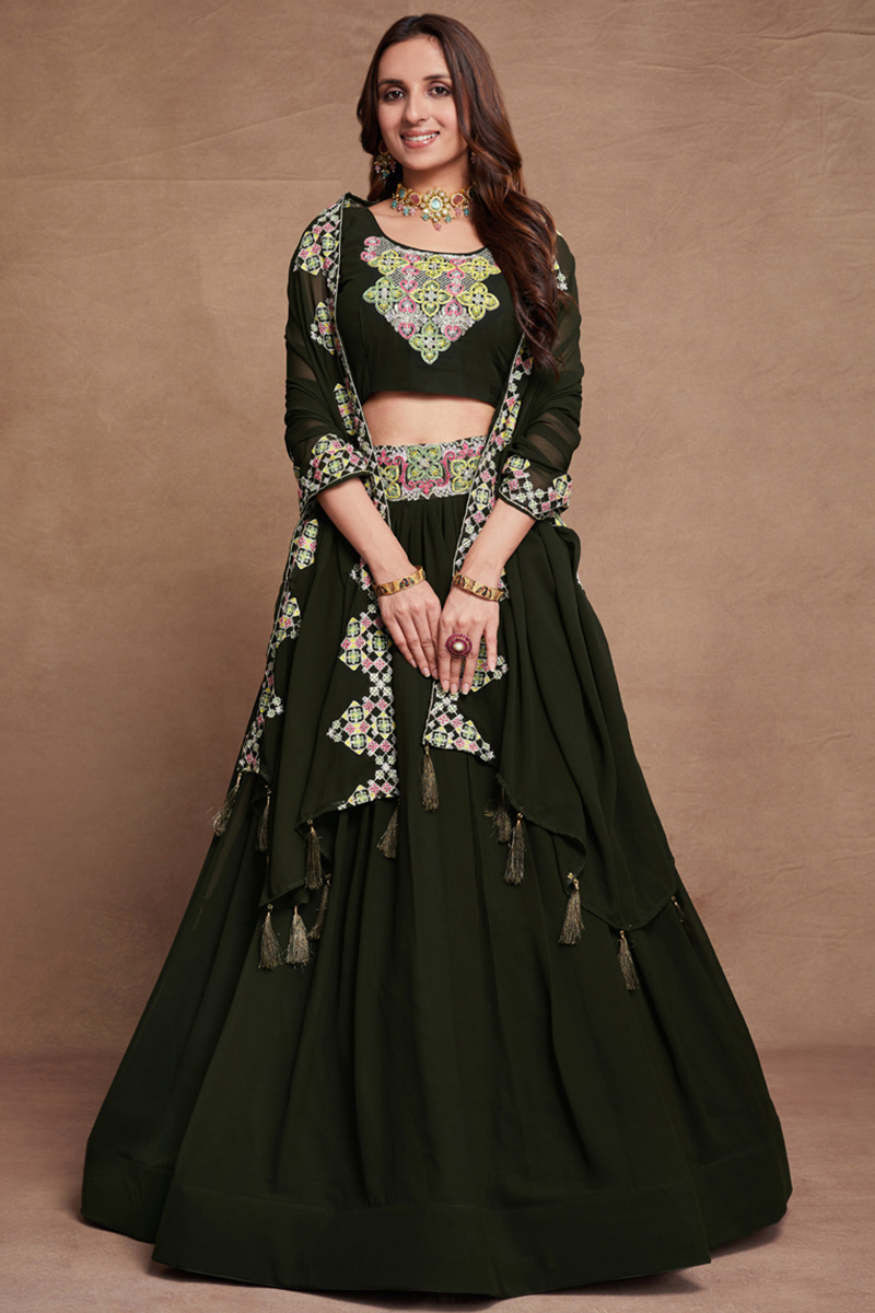 Georgette Dark Army Green Embroidered Flared Lehenga 