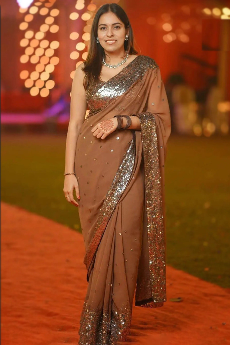 Georgette Dark Brown Sequins Embroidered Heavy Saree |SARV159652