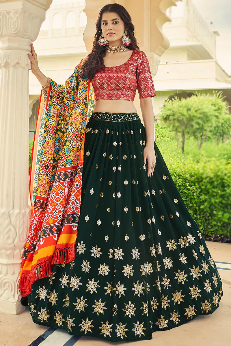 Georgette Dark Green Color Embroidered Panelled Style Lehenga