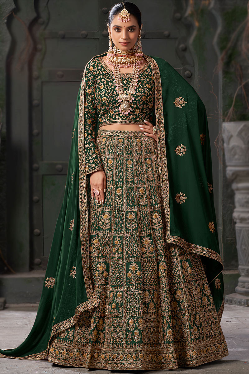 Georgette Dark Green Shade Embroidered Panelled Style Lehenga
