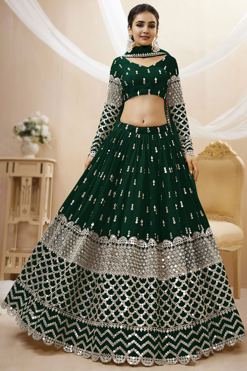 Georgette Dark Green Sequins Embroidered Lehenga 