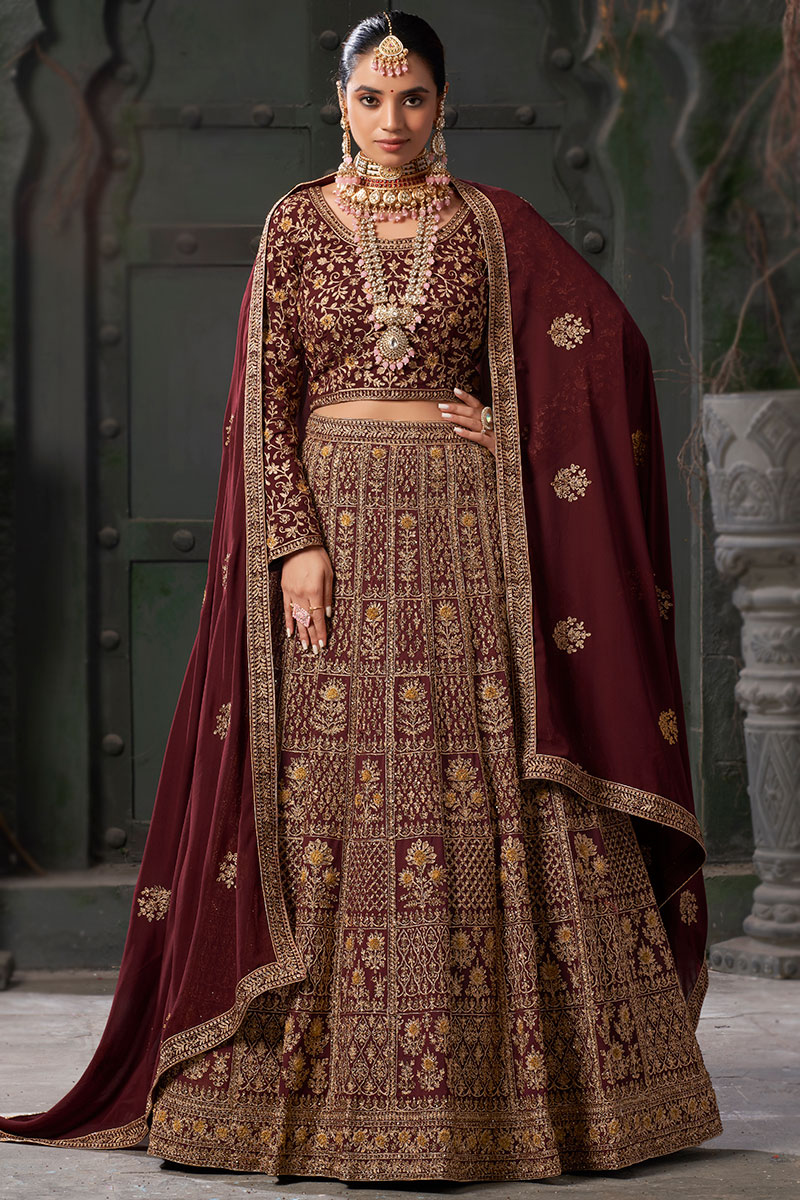 Georgette Dark Maroon Embroidered A Line Lehenga
