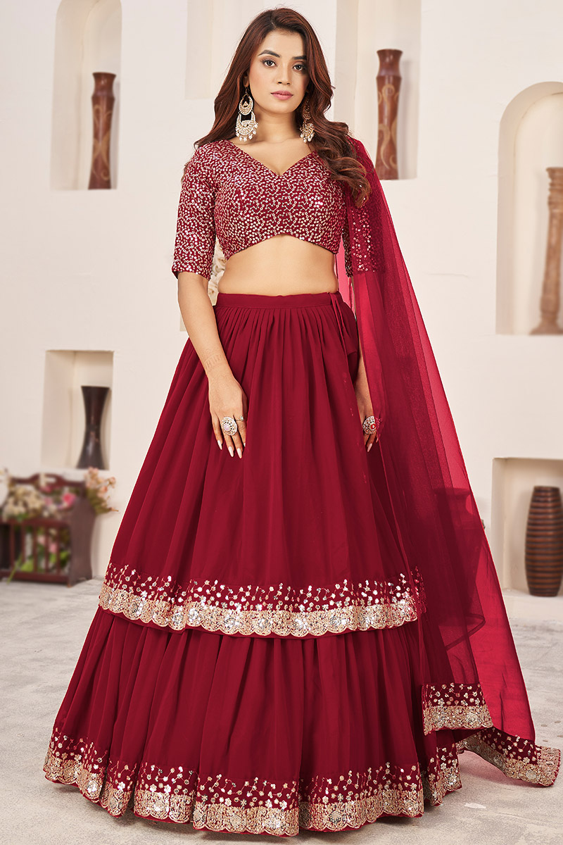 Georgette Deep Red Sequins Embroidered Layered Style Lehenga 