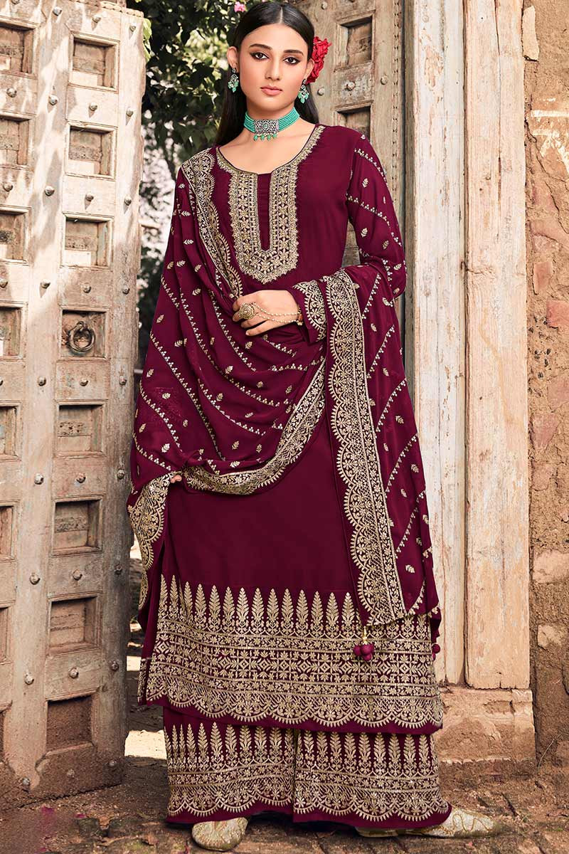 Georgette Embroidered Burgundy Maroon Palazzo Suit