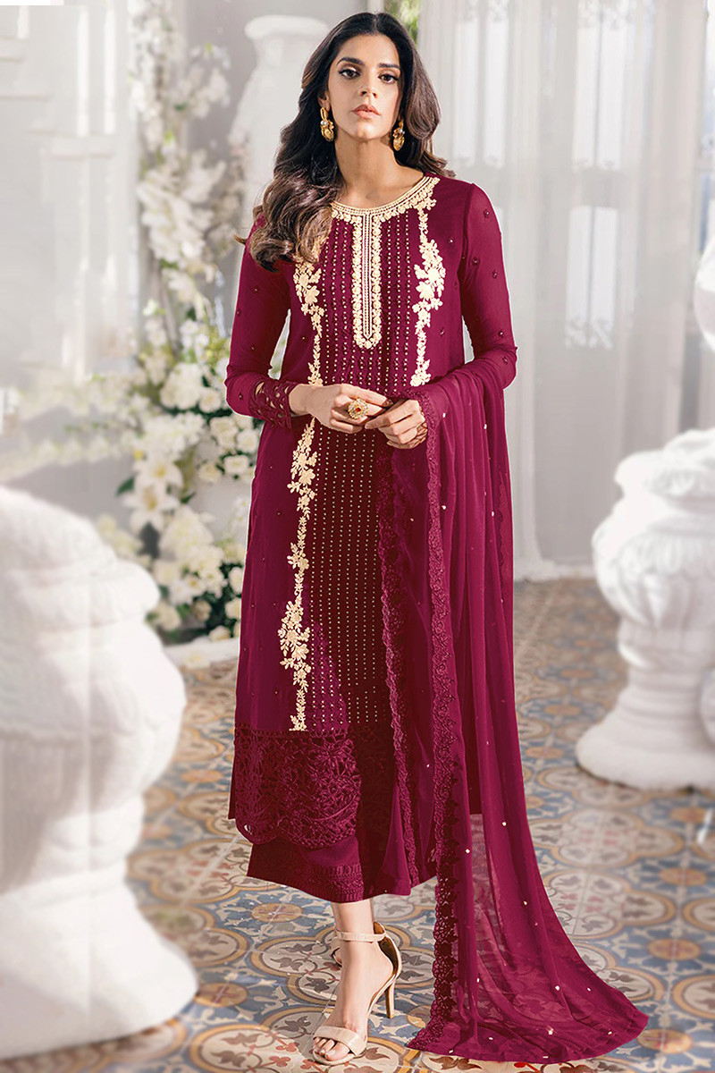 Georgette Embroidered Burgundy Maroon Palazzo Suit LSTV128935