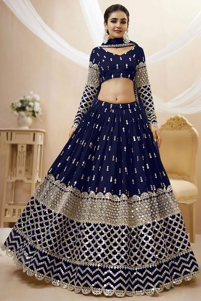 Georgette Embroidered Navy Blue Lehenga with Zari Work 