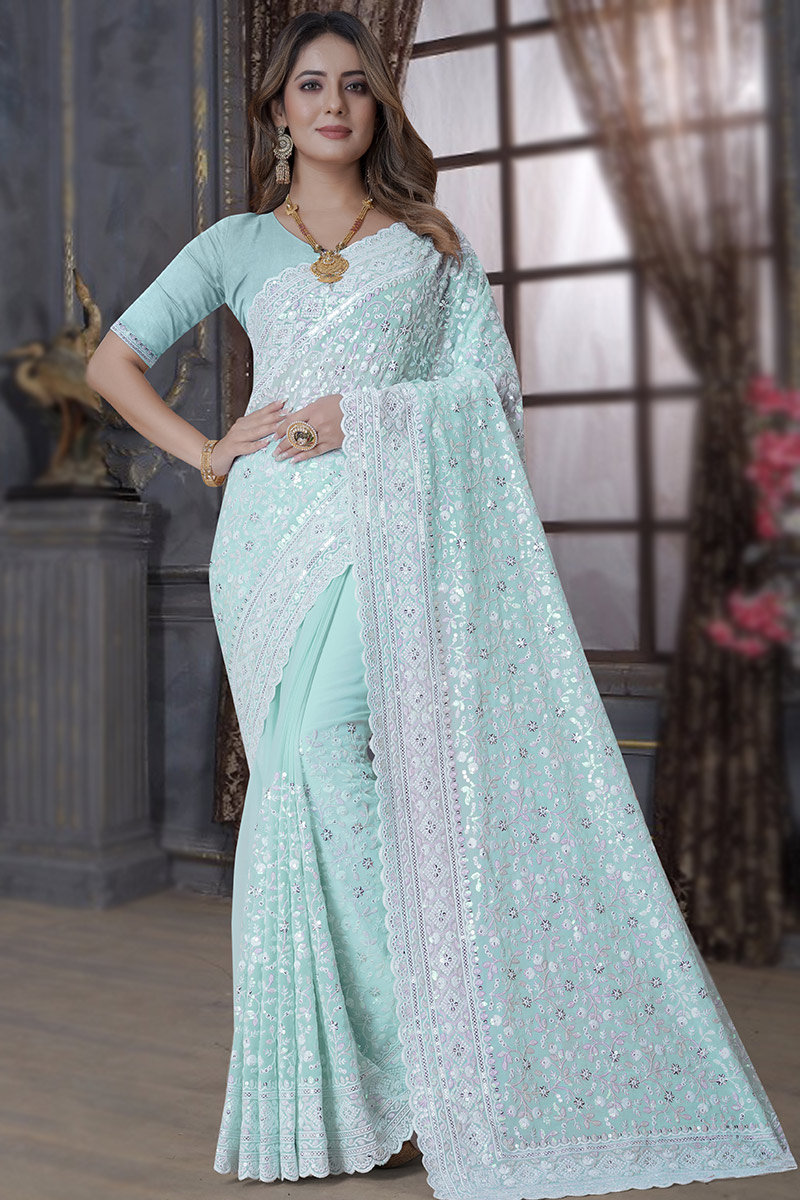 Georgette Fancy Sequins Embroidered Saree In Mint Blue