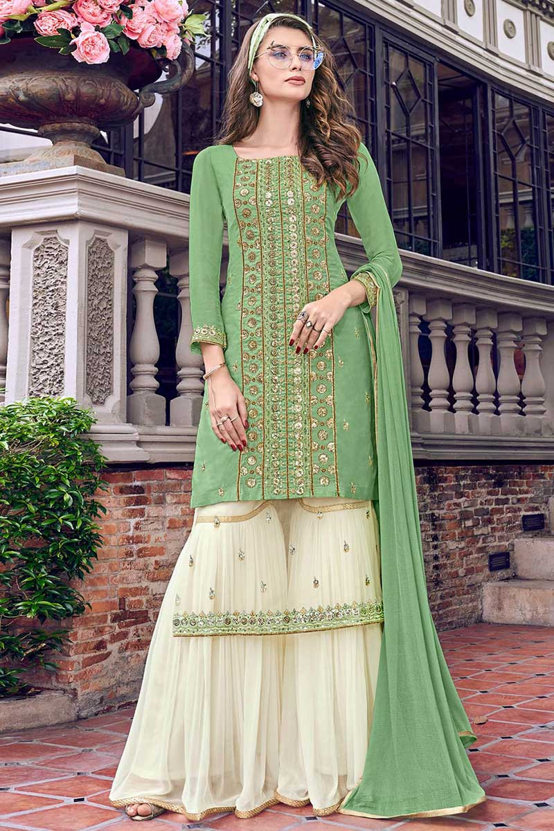 Buy Georgette Fern Green Sharara Suit With Sequins Work Online LSTV04366 Andaaz Fashion
