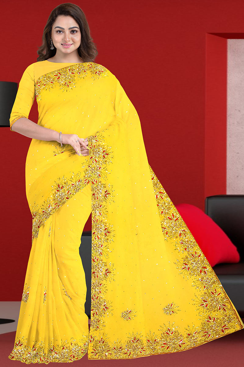 Georgette Indian Saree In Bright Yellow Color