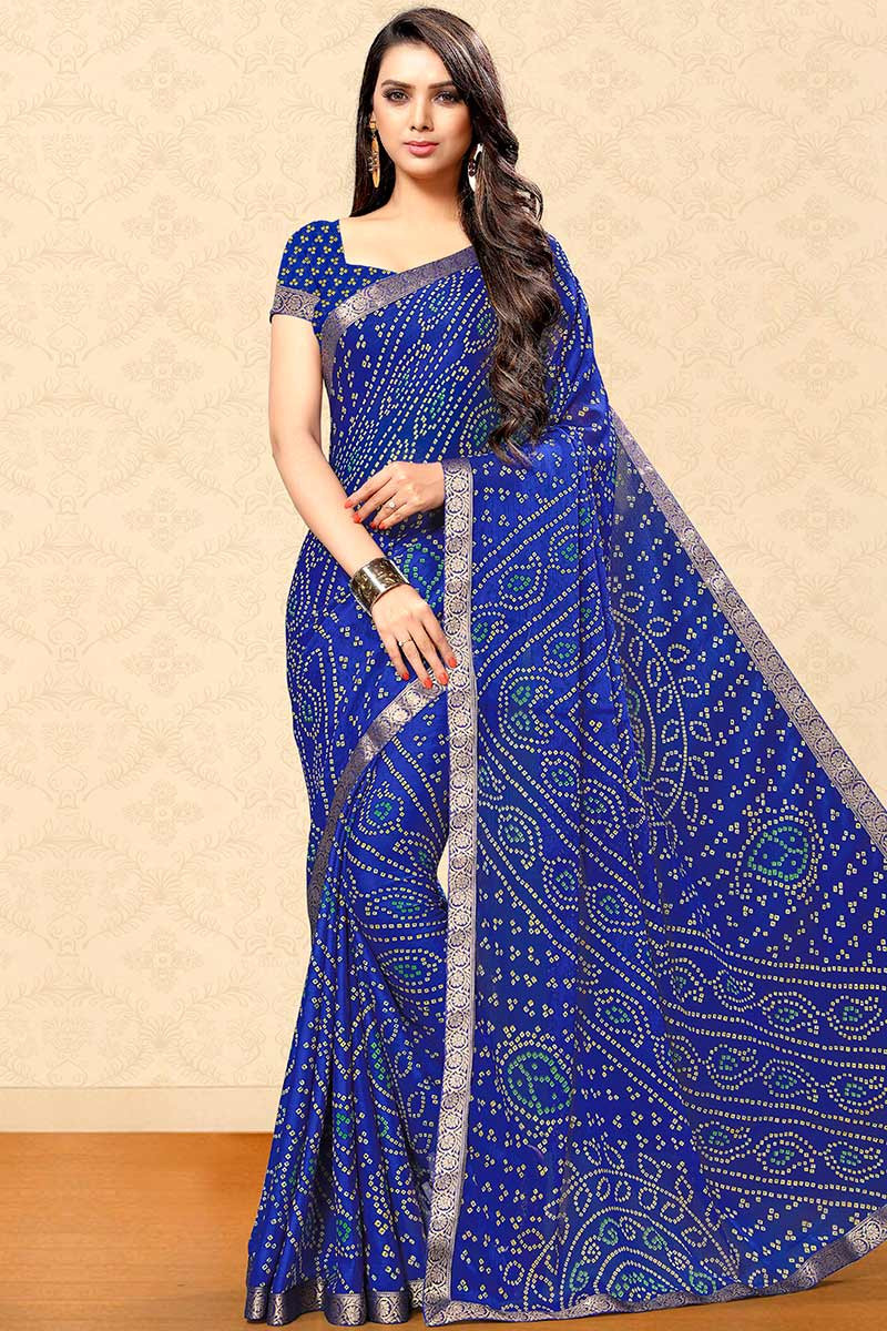 Georgette Leheriya Saree In Royal Blue Colour