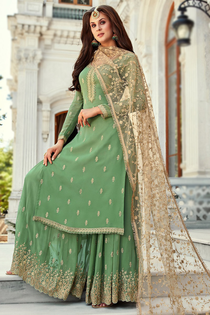 Pure Georgette Party Wear Suit In Mehndi Green with Yellow Color with  Handwork - Suits & Sharara