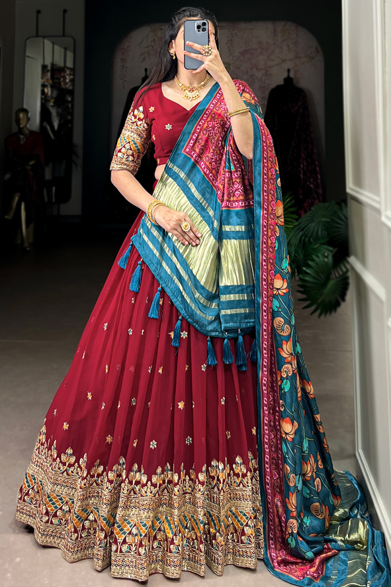 Georgette Light Maroon Lehenga with Zari Work for Diwali 
