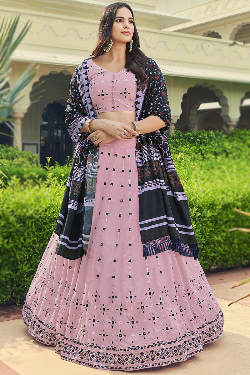 Georgette Light Mauve Embroidered Panelled Style Lehenga