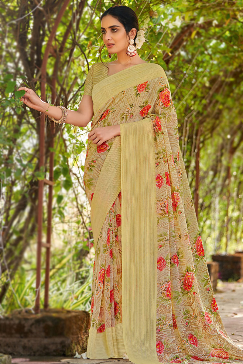 Georgette Light Yellow Printed Casual Wear Saree SARV175677