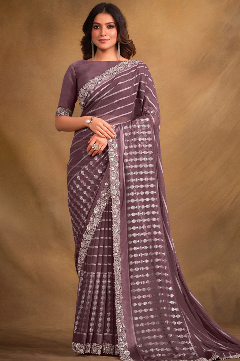 Georgette Mauve Taupe Weaved Light Weight Saree