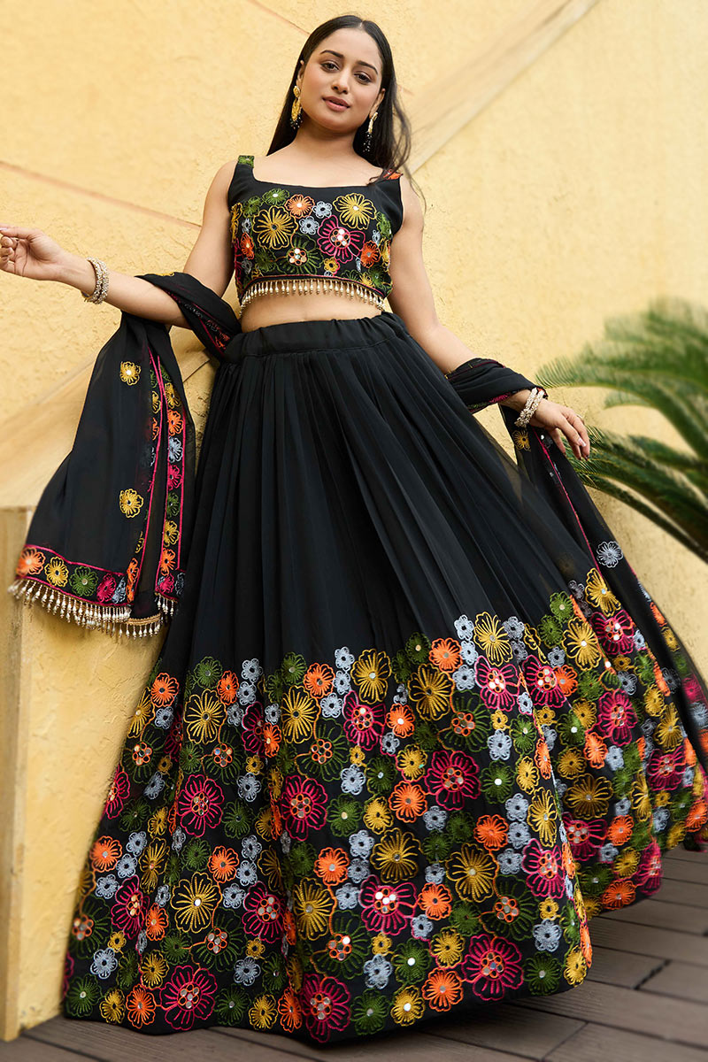 Georgette Mirror Embroidered Flared Style Black Chaniya Choli