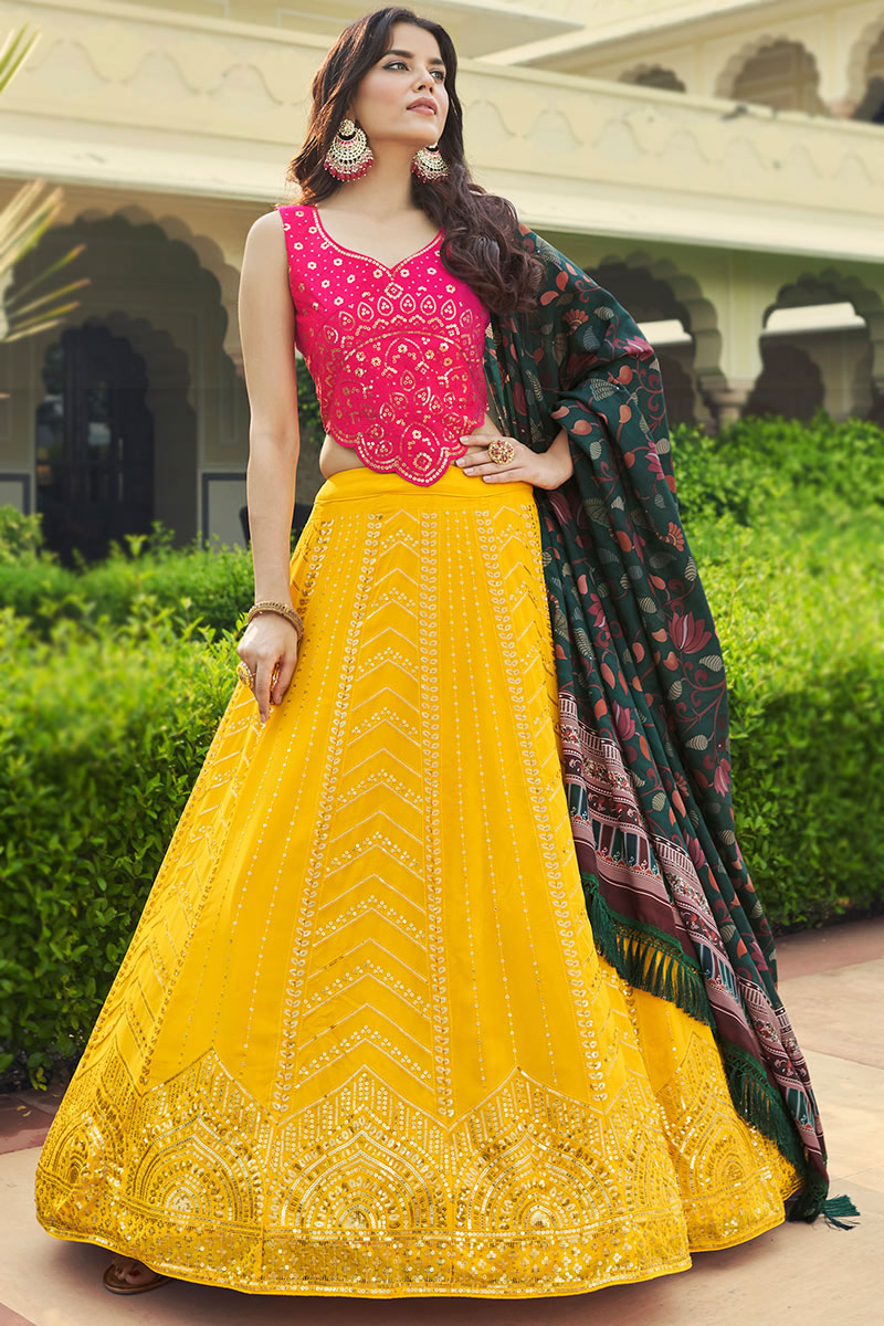 Georgette Mustard Yellow Embroidered Panelled Style Lehenga