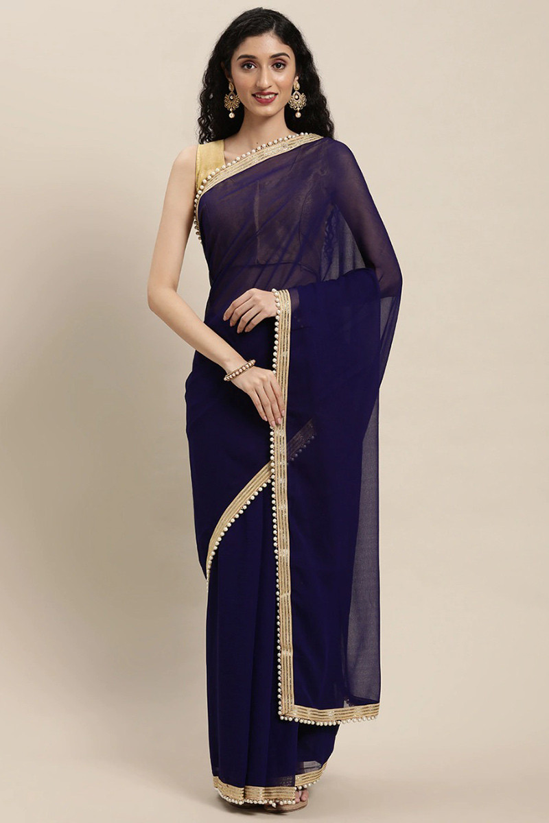 Navy blue plain top saree with golden border