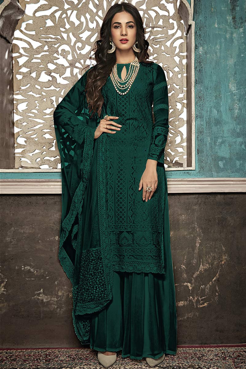 Buy Georgette Palazzo Pant Suit In Bottle Green Colour Online