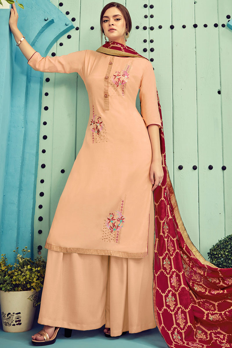 Buy Georgette Palazzo Pant Suit In Light Peach Colour Online
