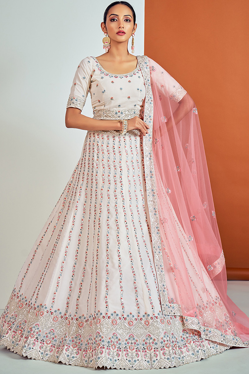 Georgette Pale Pink Mirror Embroidered Lehenga