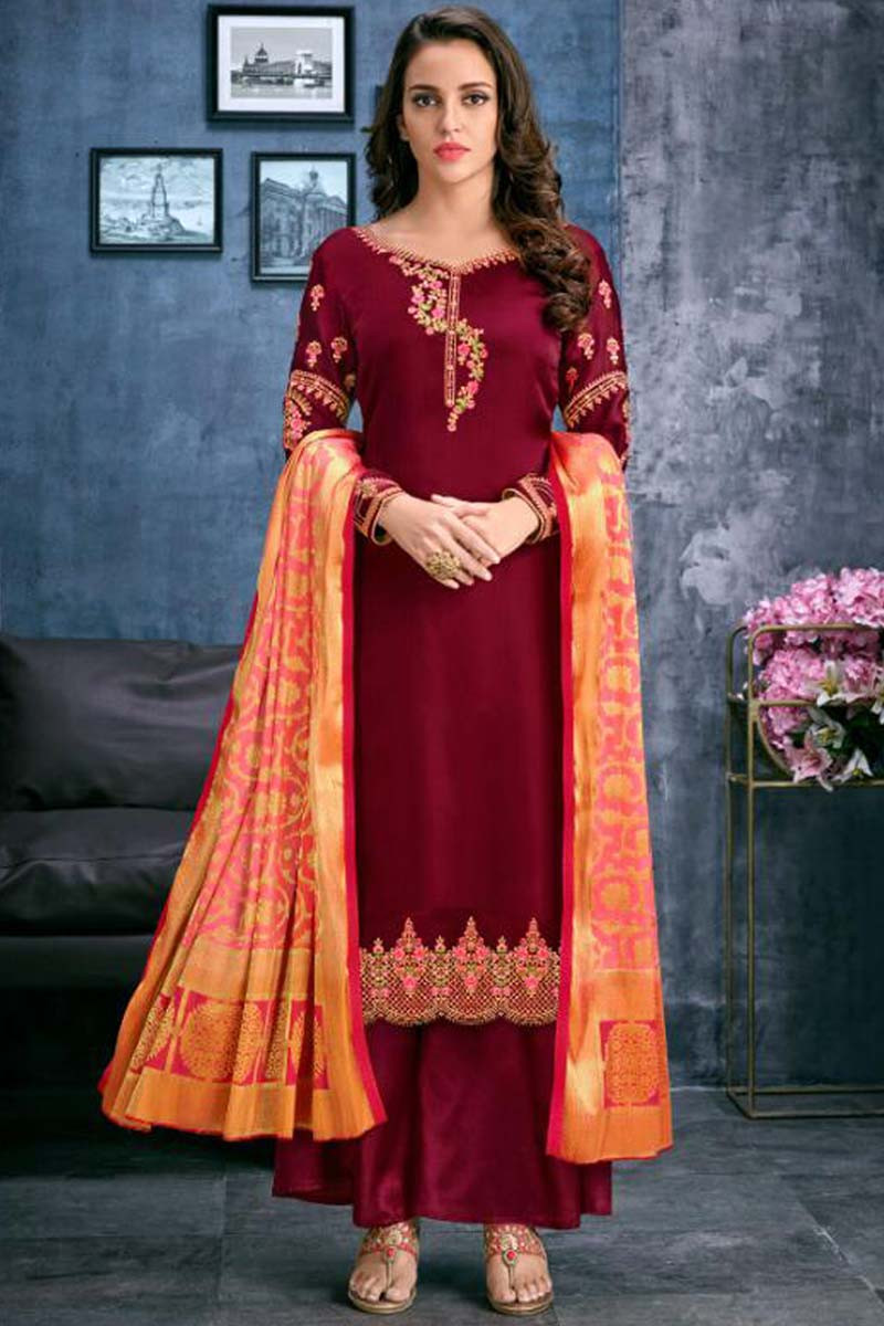 Maroon colour plazo suit shop