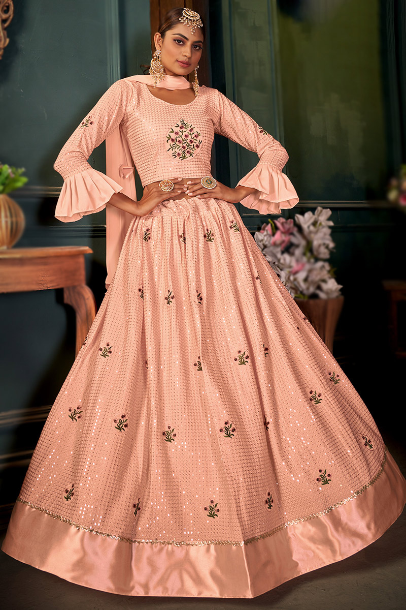 Georgette Peach Sequins Embroidered A Line Lehenga 