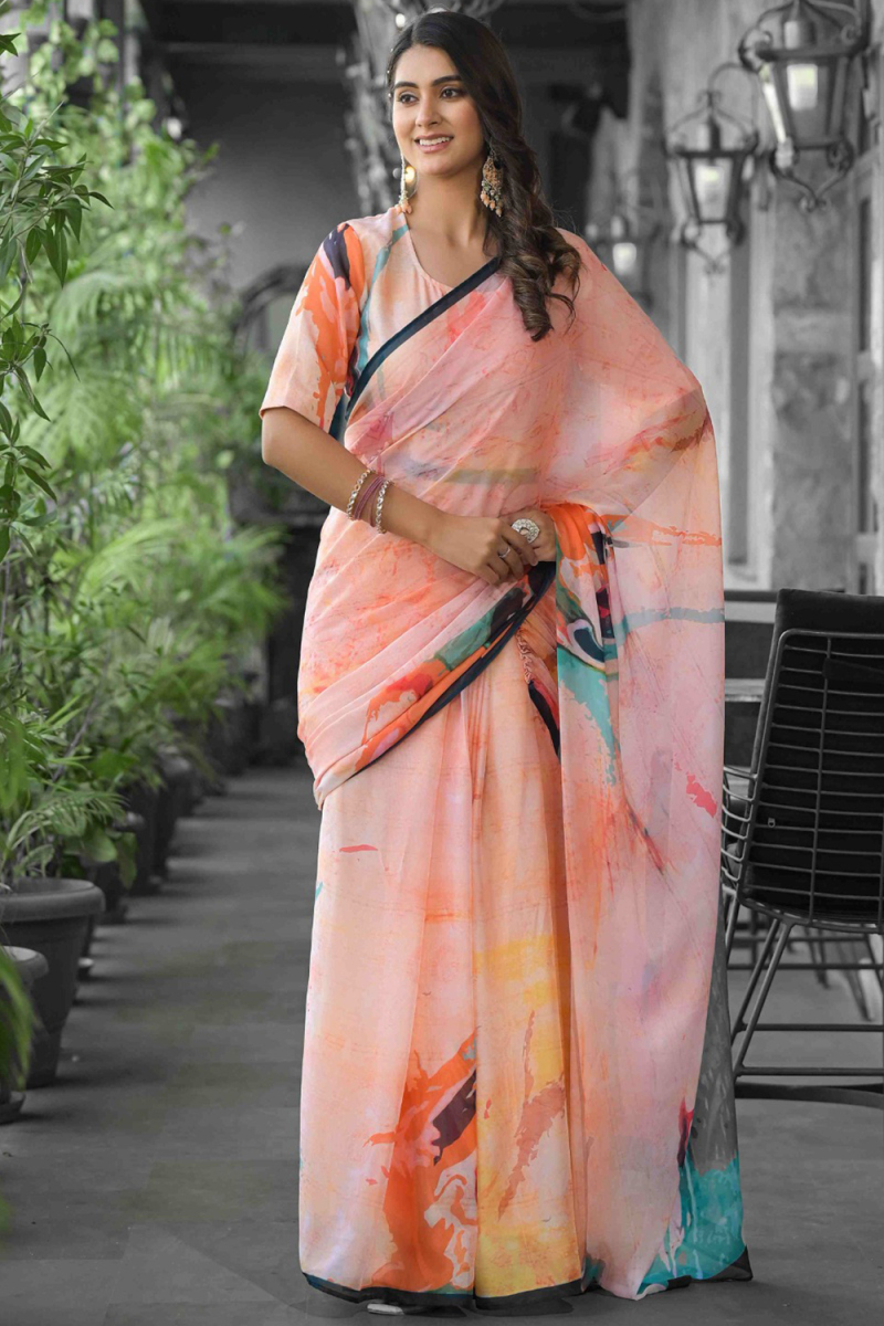 Georgette Pre-Stitched Light Peach Saree With Printed Work 