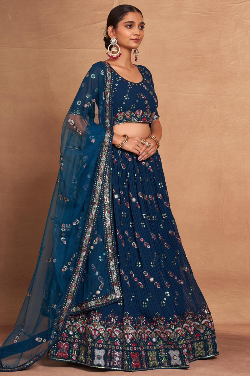 Georgette Prussian Blue Flared Style Lehenga With Sequins Work