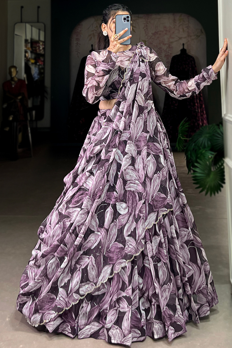 Georgette Purple Lehenga with Printed Work for Diwali