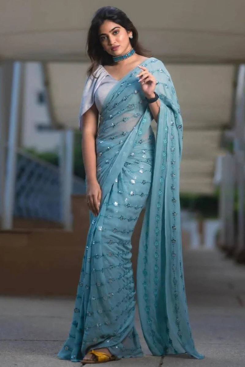 Buy the amazing Sapphire Blue Designer Saree on Karagiri