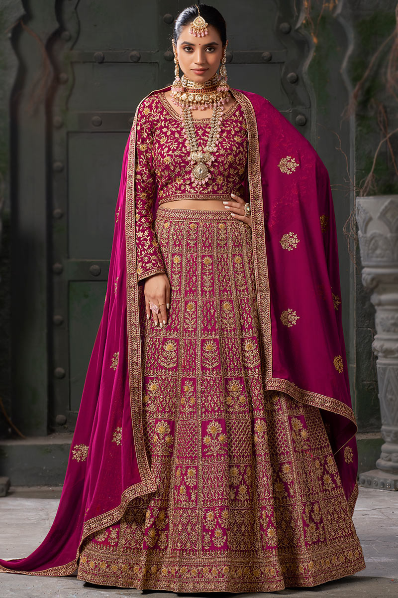 Georgette Ruby Pink Embroidered Panelled Style Lehenga