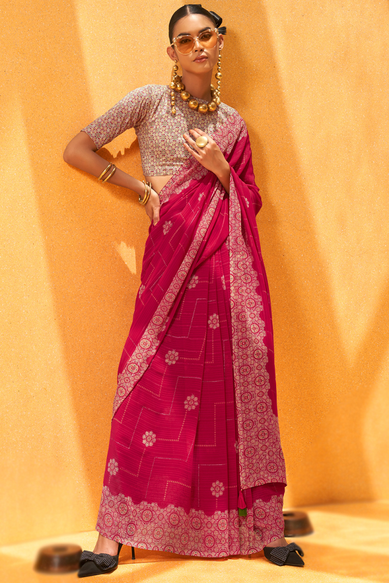 Ruby Pink Georgette Printed Light Weight Saree