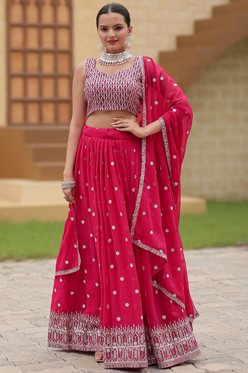 Georgette Ruby Pink Sequins Embroidered Flared Lehenga 