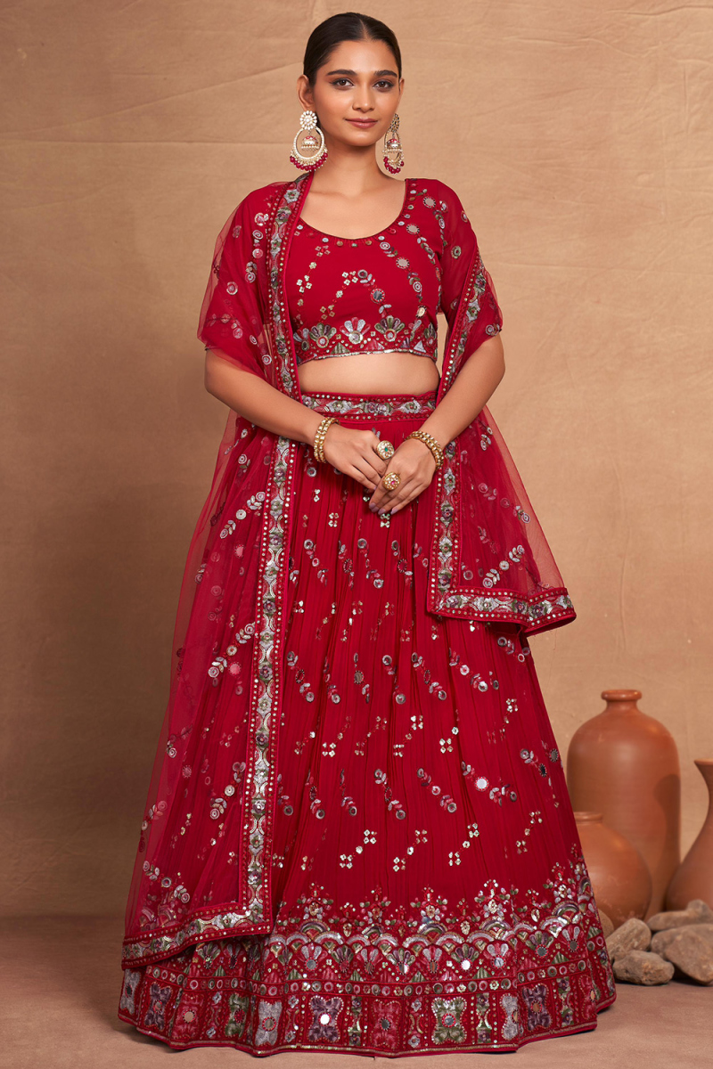 Georgette Ruby Red Flared Style Lehenga With Sequins Work