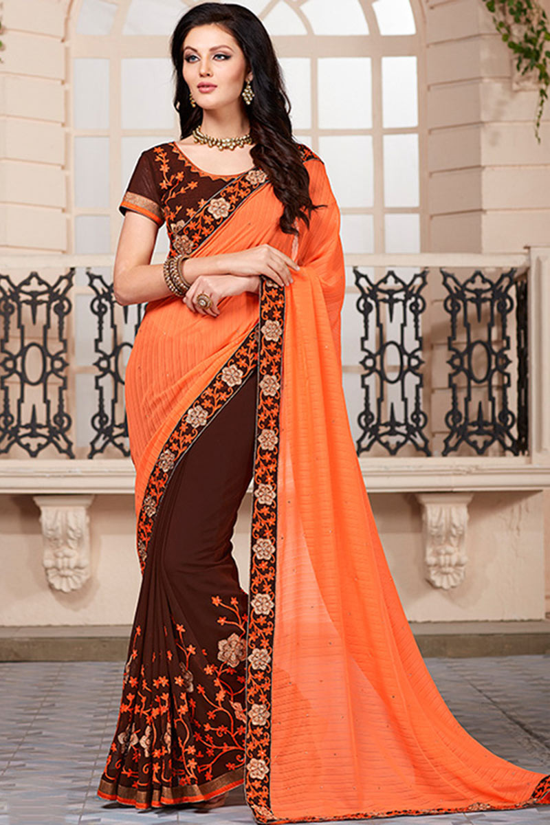 Buy Webric Self Design, Temple Border, Woven, Embellished, Solid/Plain  Bollywood Silk Blend Black, Orange Sarees Online @ Best Price In India |  Flipkart.com