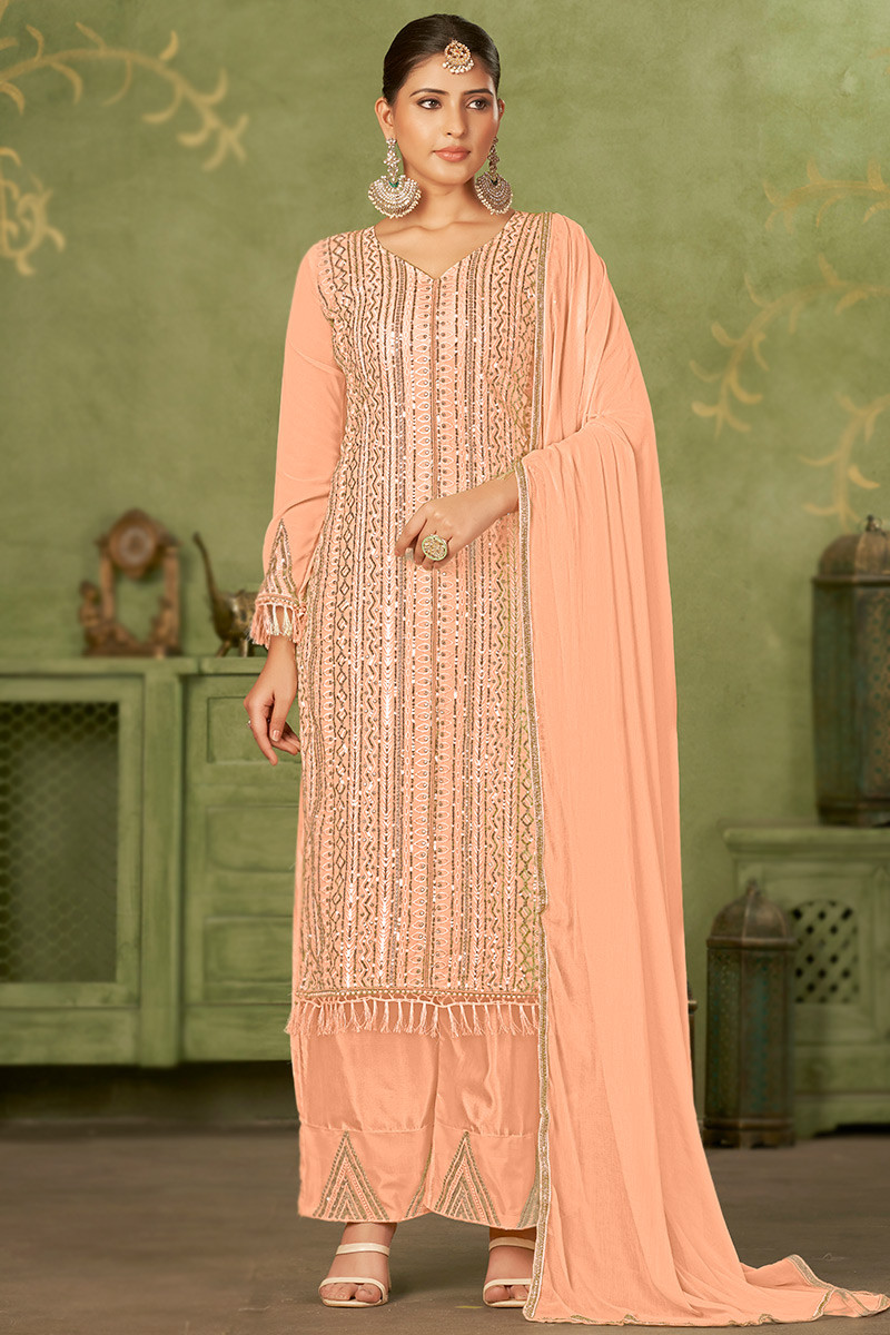 Georgette Sequins Embroidered Coral Peach Palazzo Suit