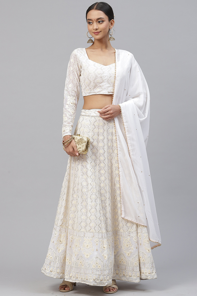 Georgette Sequins Embroidered White Panelled Lehenga
