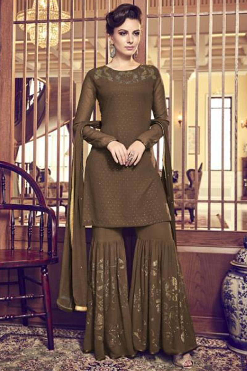 Buy Georgette Sharara Suit In Brown Colour Online LSTV04677 Andaaz Fashion