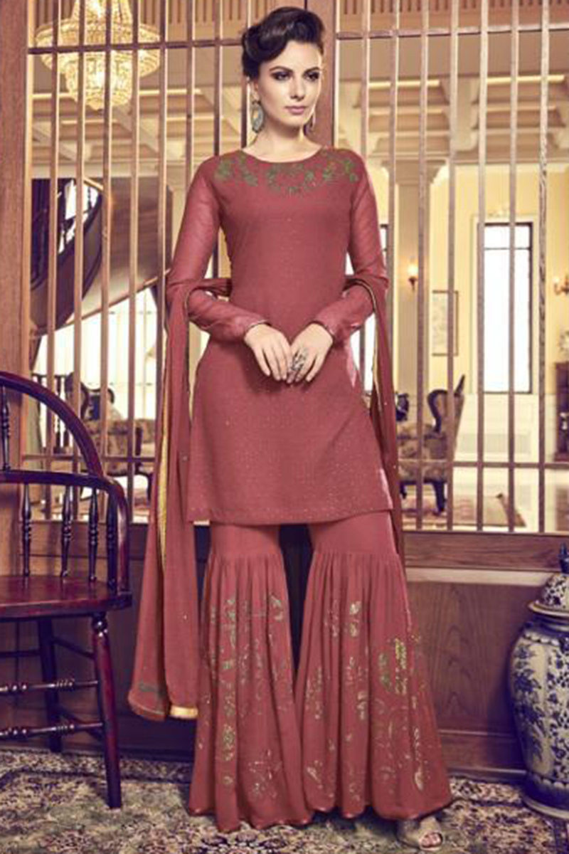 Buy Pink Sharara Suit Set In Georgette With Sequins And Beadwork