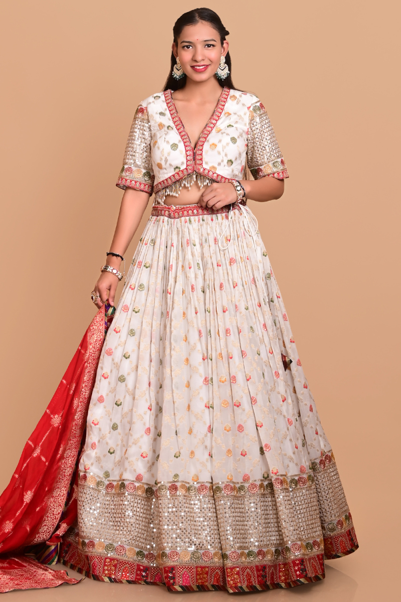 Georgette Silk White Weaved Flared Style Lehenga 