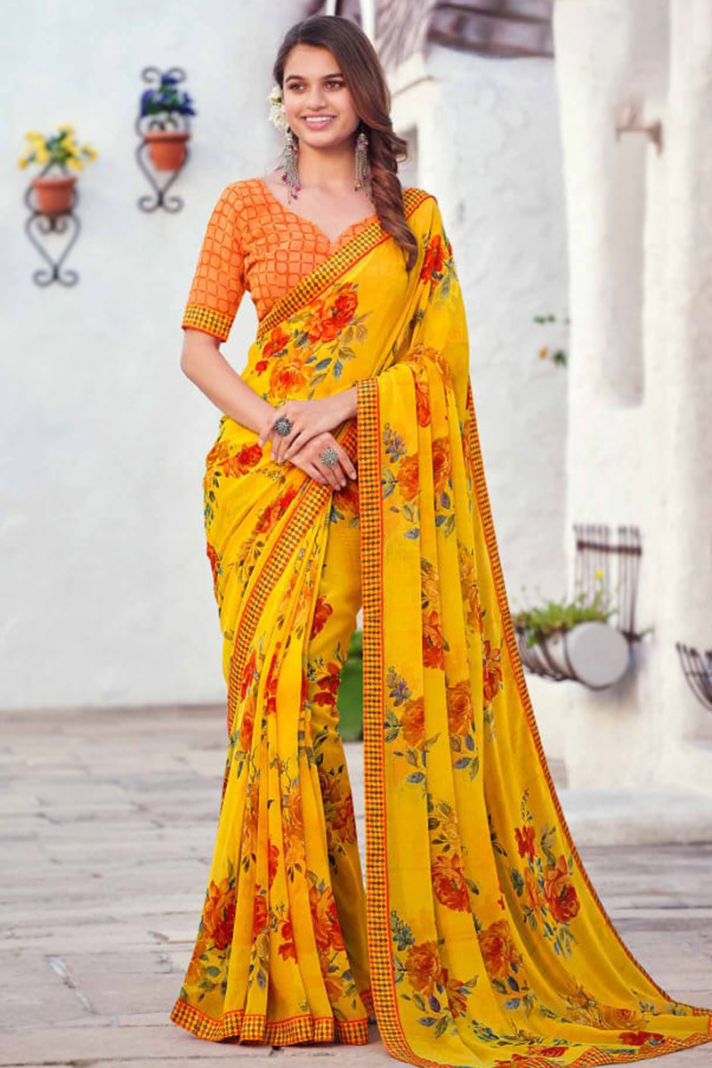 Light yellow casual wear georgette saree online
