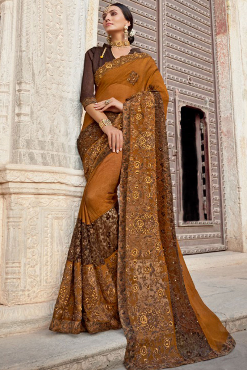 georgette wedding wear saree in coffee brown sarv07438