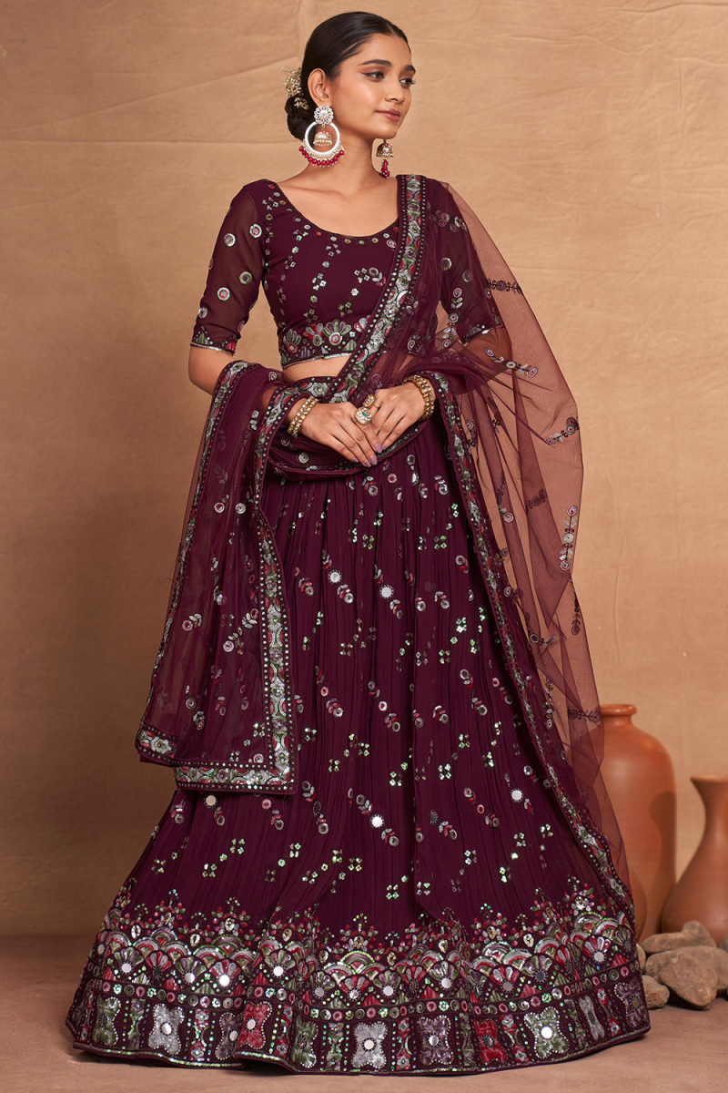 Georgette Wine Maroon Flared Style Lehenga With Sequins Work