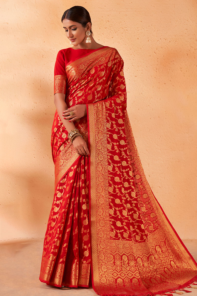 Georgette Woven Zari Chilly Red Broad Border Saree 