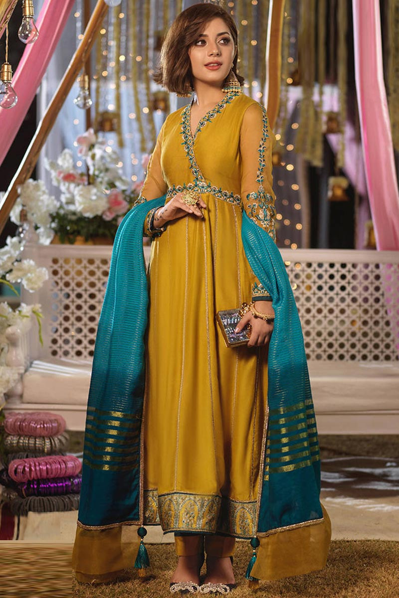 Gold Cotton Silk A Line Anarkali Suit