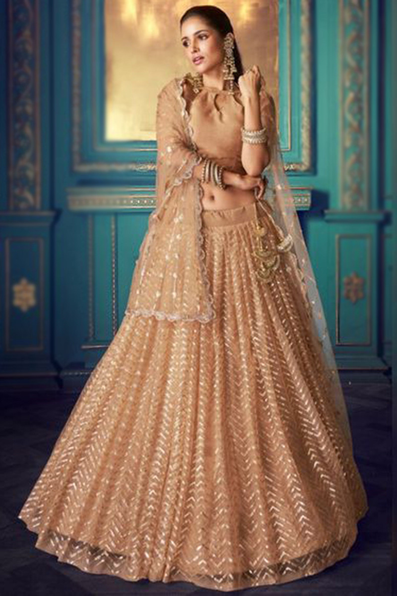 Designer Peach Elegant Bridal Reception Lehenga In Crepe SFARY10903 –  ShreeFashionWear