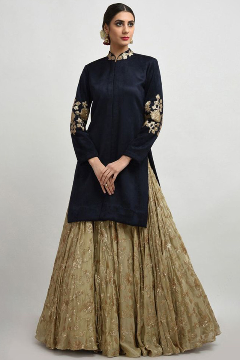 Desirable Look Beige Gold Color Jacquard Silk Fabric Silk Weave Lehenga  Choli